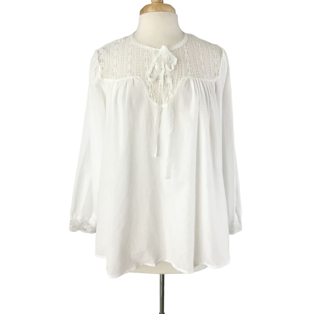 eri+ali Anthropologie Top Womens S White Gauzy Cotton Lace Babydoll Trapeze NEW
